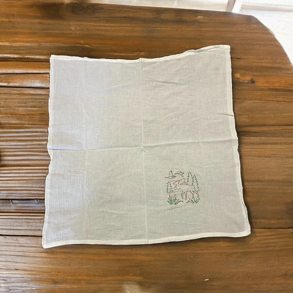 Lot Of 2 Hand Embrodered Cheese Cloth Towels With Deer & Geese Scene
